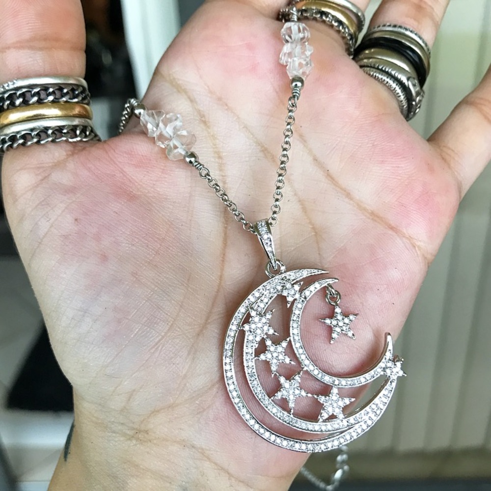 White gold plated cz moon stars herkimer diamonds - Picture 3 of 12